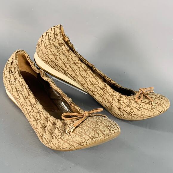 CHRISTIAN DIOR Size 9.5 Tan Brown Canvas Oblique Monogram Slip On Bow Flats - Picture 1 of 9